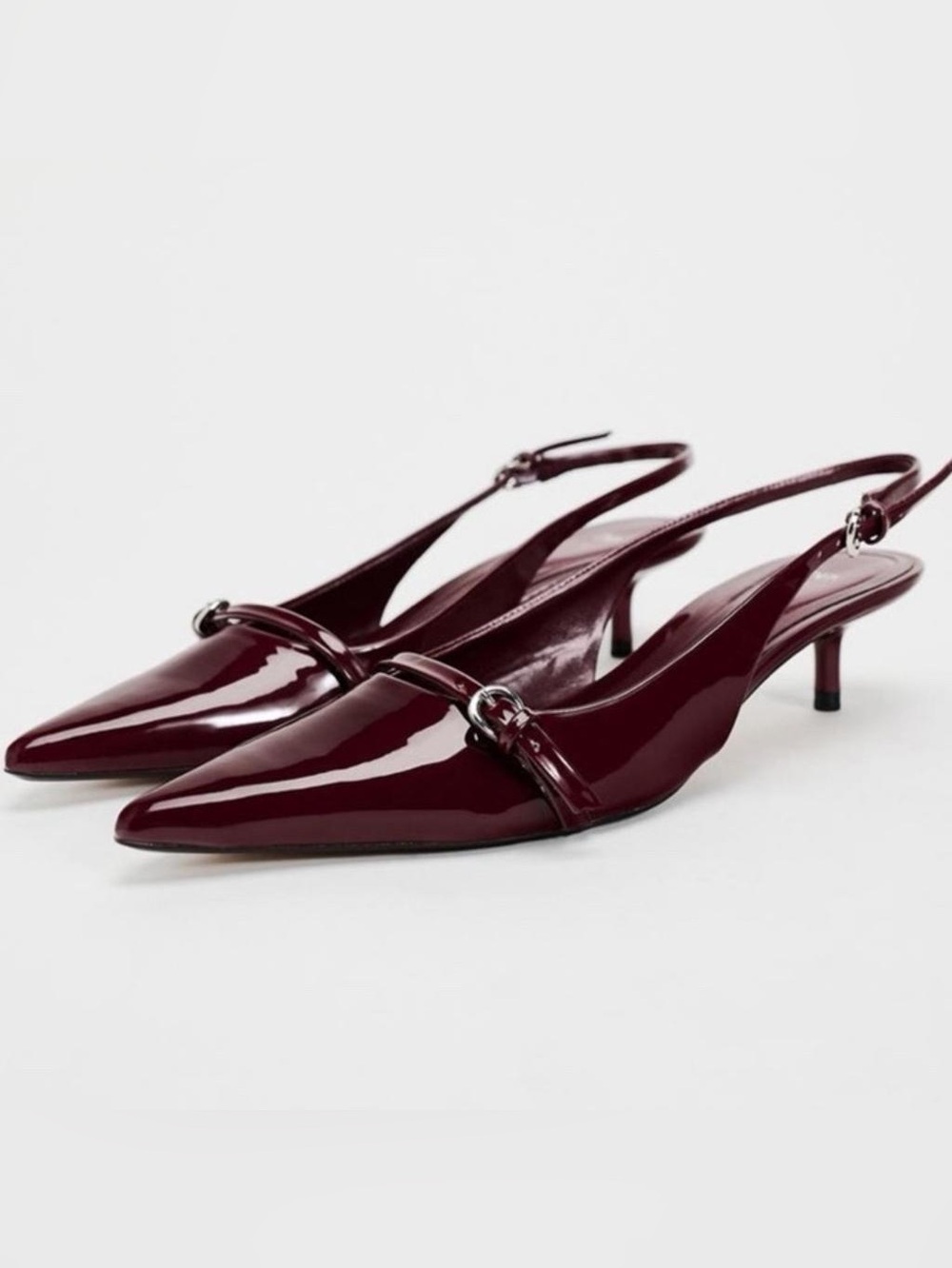 ZARA BURGUNDY SLINGBACK BUCKLE SHOES - MAROON PATENT POINTER TOE KITTEN HEELS